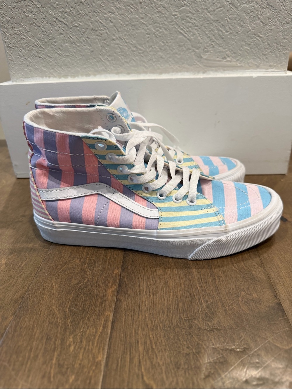 Vans High-Top Sneakers in Pastel Pink, Blue & Yellow Stripes